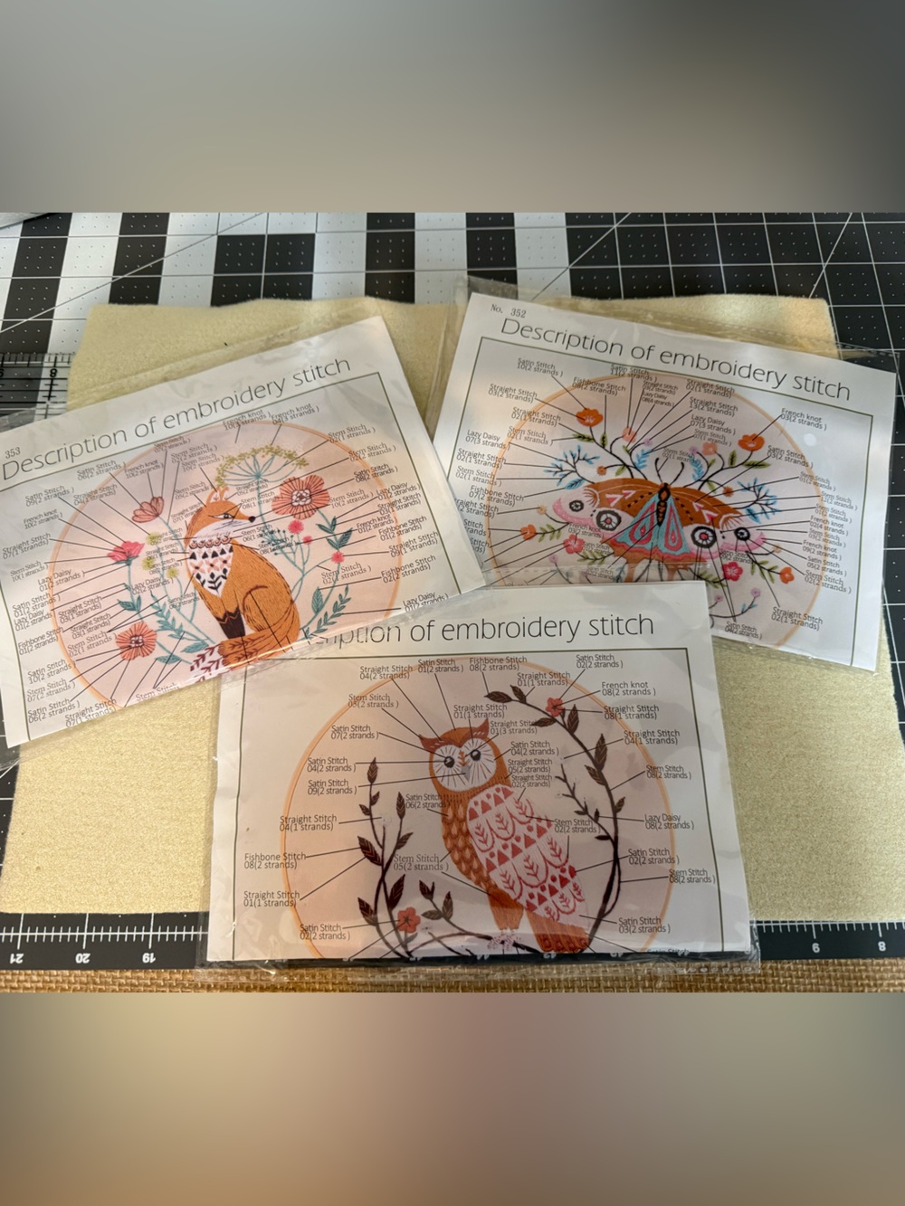Embroidery kits, set of 3 - Fox, Owl, Moth